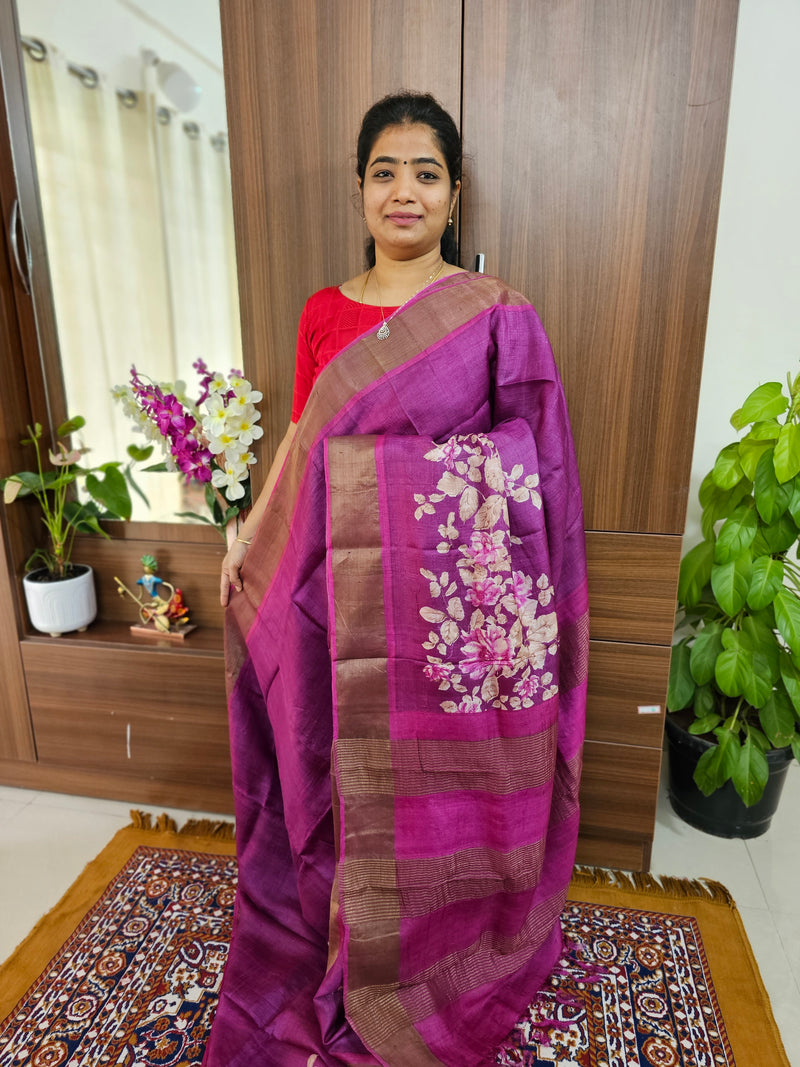 Mangeta with Pink Floral Pattern Handwoven Tussar Silk Saree with Zari Border