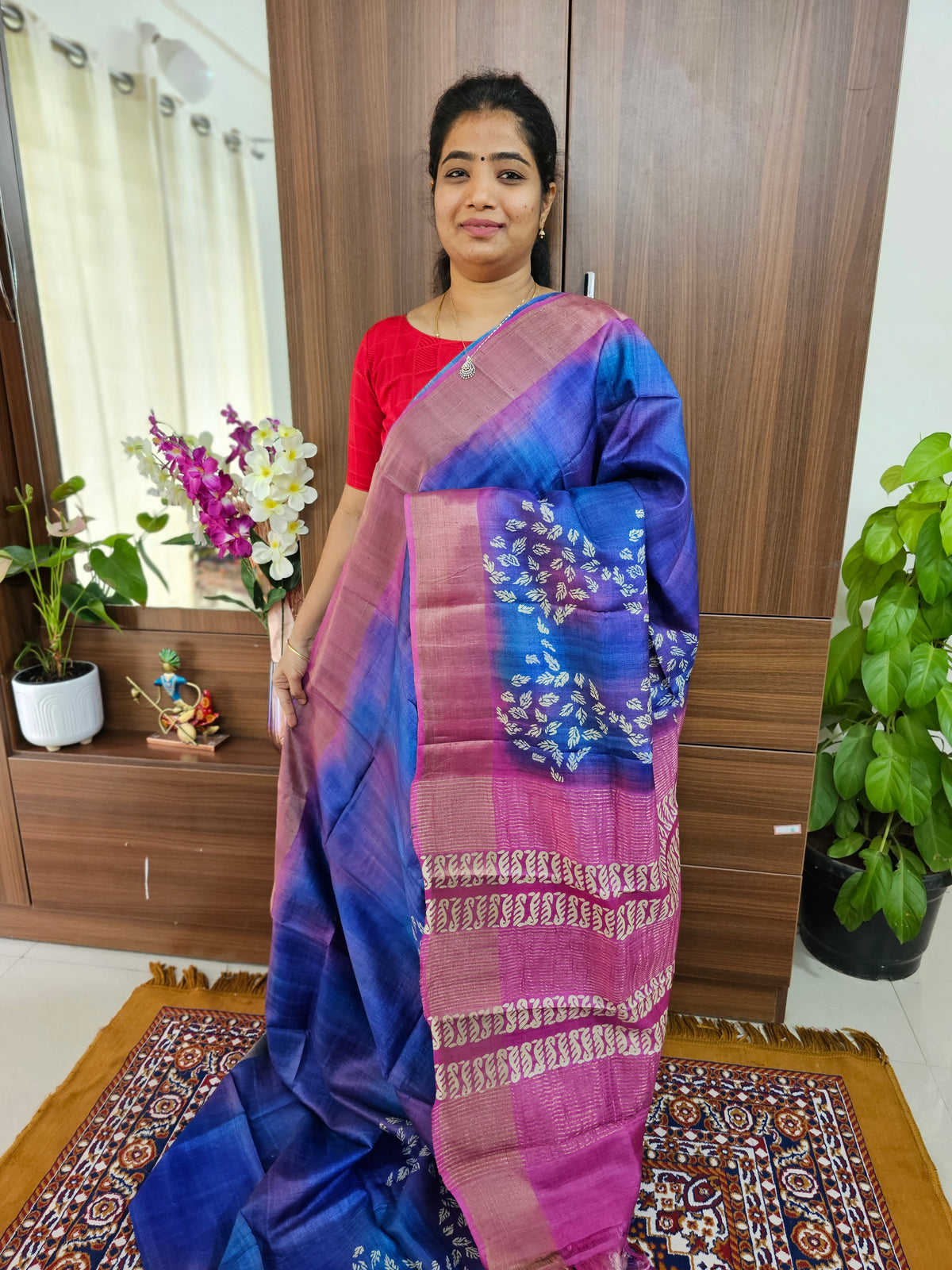 Multi Colour with Pink Floral Pattern Handwoven Tussar Silk Saree with Zari Border