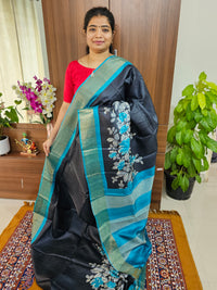 Black with Blue Floral Pattern Handwoven Tussar Silk Saree with Zari Border