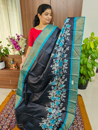 Black with Blue Floral Pattern Handwoven Tussar Silk Saree with Zari Border