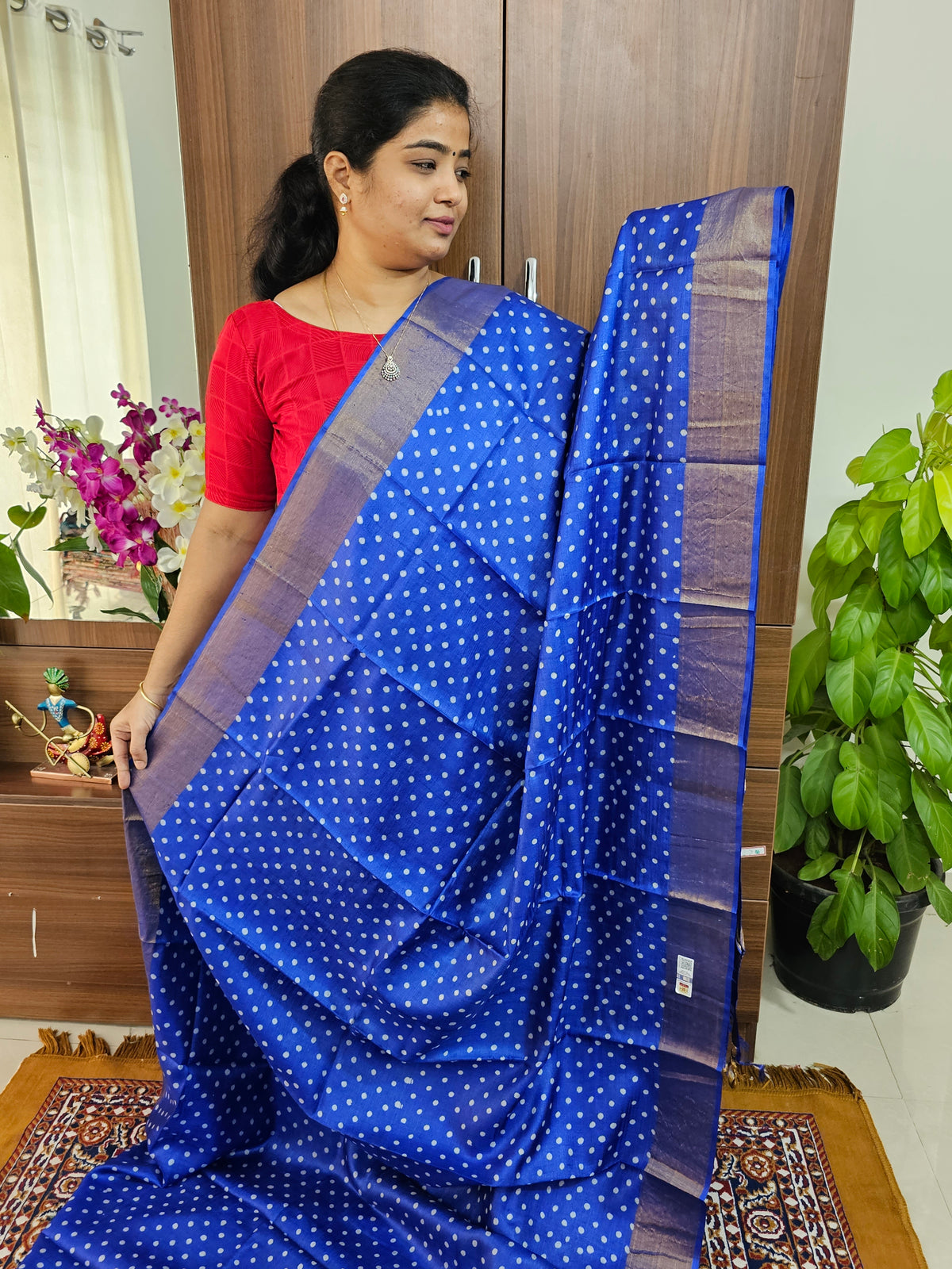 Blue Polka Dots Handwoven Tussar Silk Saree with Zari Border