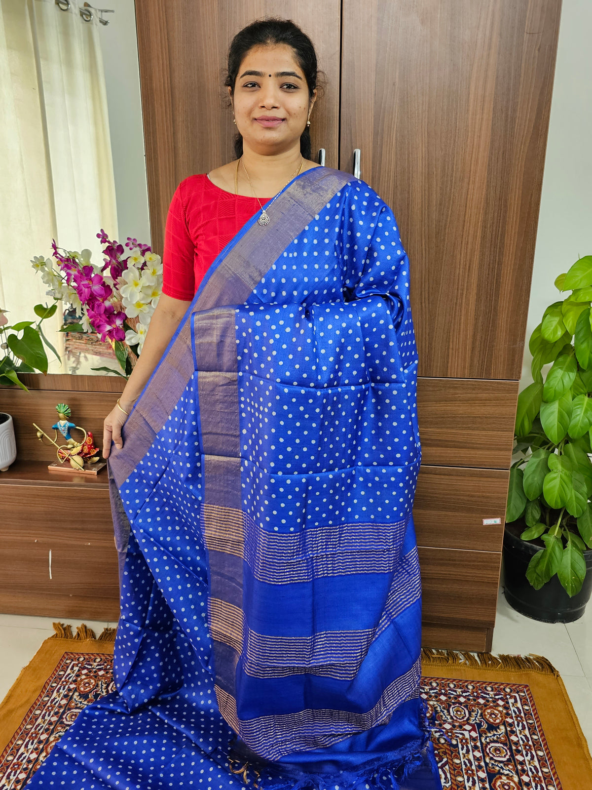 Blue Polka Dots Handwoven Tussar Silk Saree with Zari Border