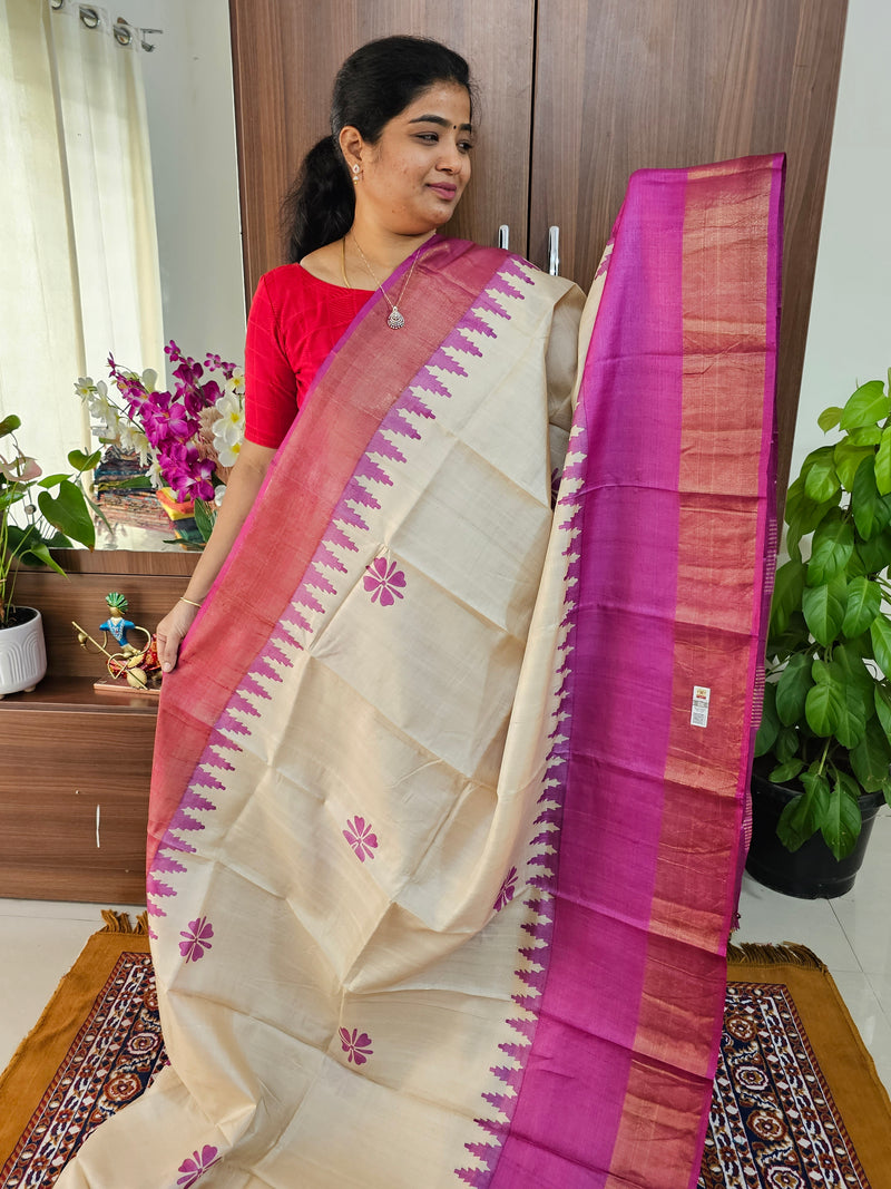 Cream with Pink Floral Pattern Handwoven Tussar Silk Saree with Zari Border