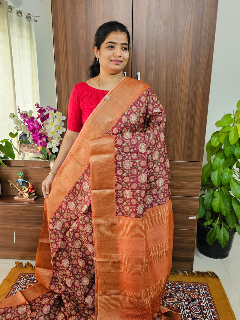 Maroon Floral Pattern Handwoven Tussar Silk Saree with Zari Border