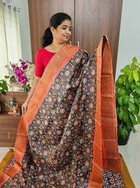 Elephant Grey with Peach Floral Pattern Handwoven Tussar Silk Saree with Zari Border