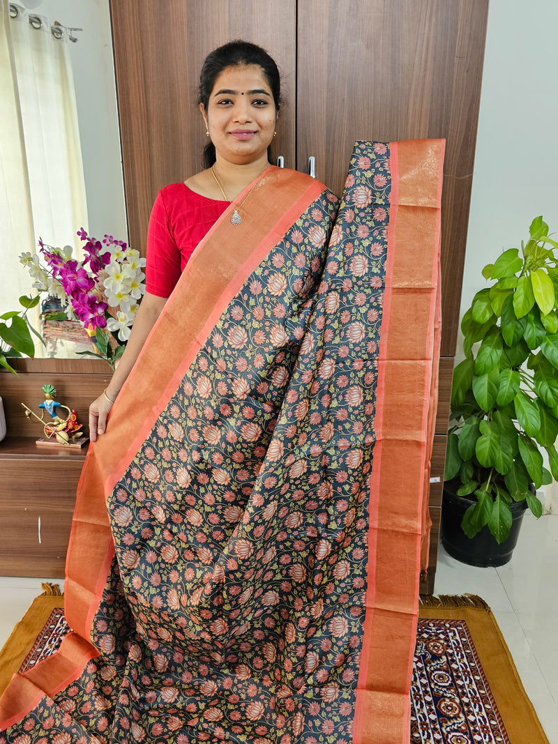 Elephant Grey with Peach Floral Pattern Handwoven Tussar Silk Saree with Zari Border