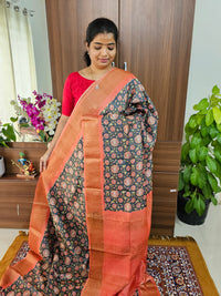 Elephant Grey with Peach Floral Pattern Handwoven Tussar Silk Saree with Zari Border