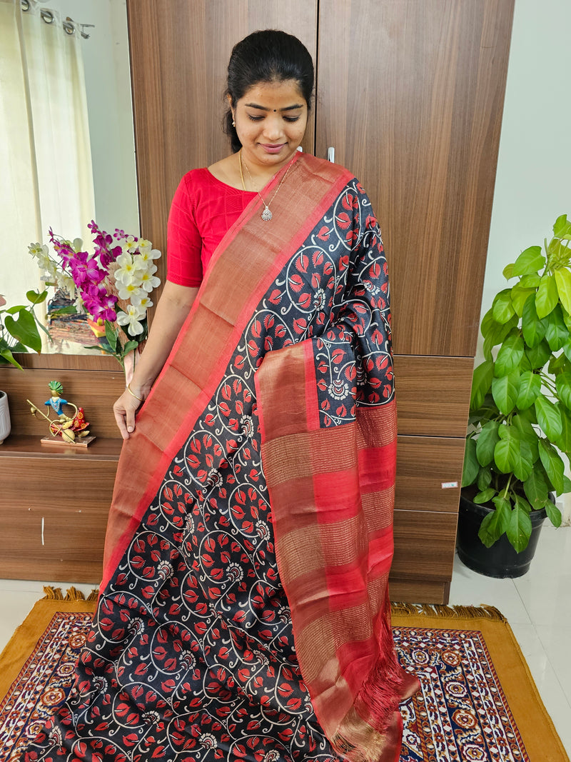 Black with Red Handwoven Tussar Silk Saree with Zari Border