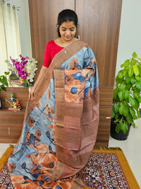 Grey with Brown Abstract Floral Pattern Handwoven Tussar Silk Saree with Zari Border