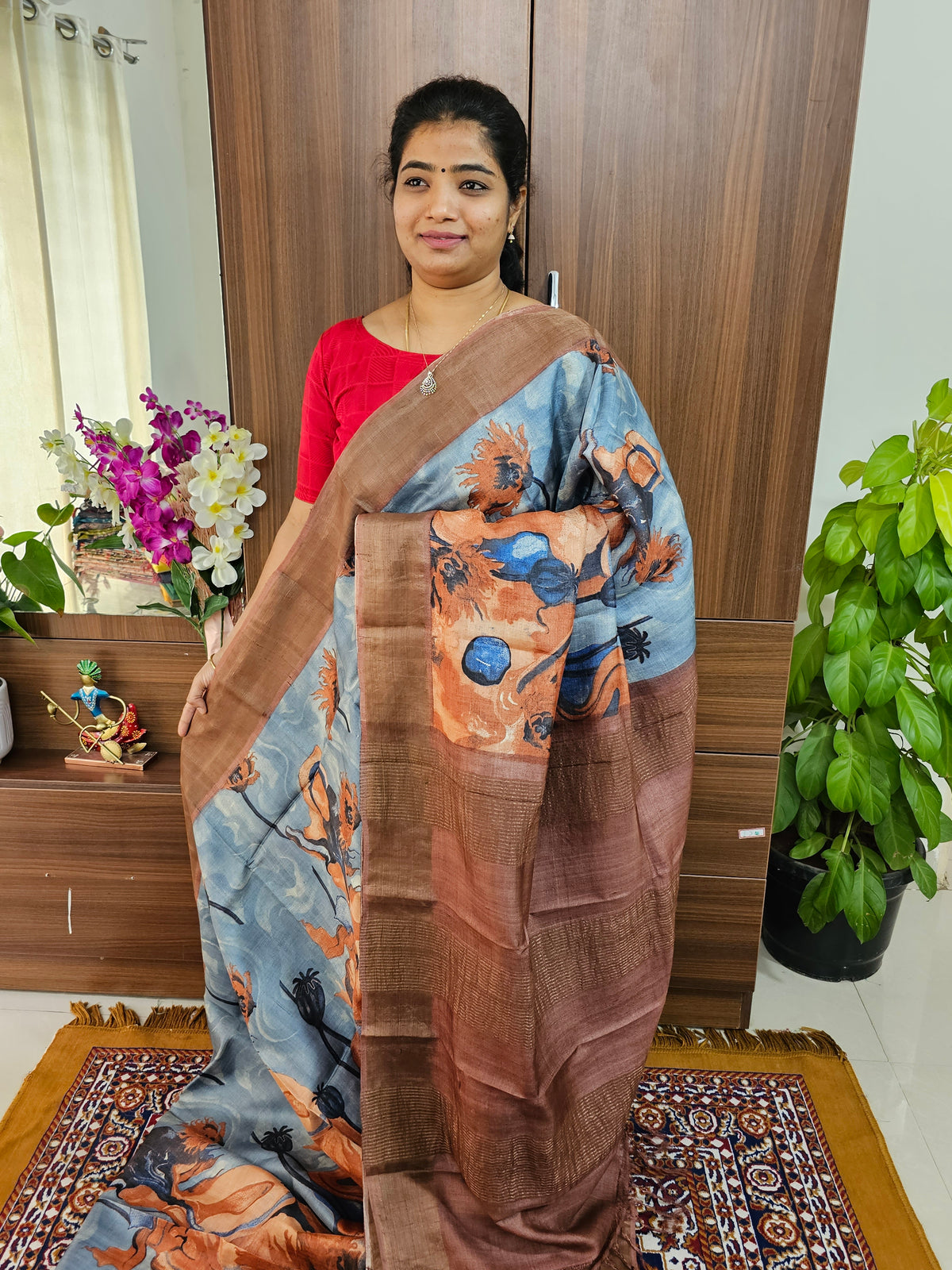 Grey with Brown Abstract Floral Pattern Handwoven Tussar Silk Saree with Zari Border