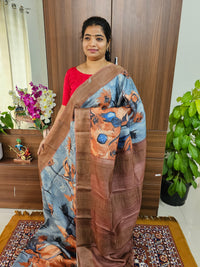 Grey with Brown Abstract Floral Pattern Handwoven Tussar Silk Saree with Zari Border