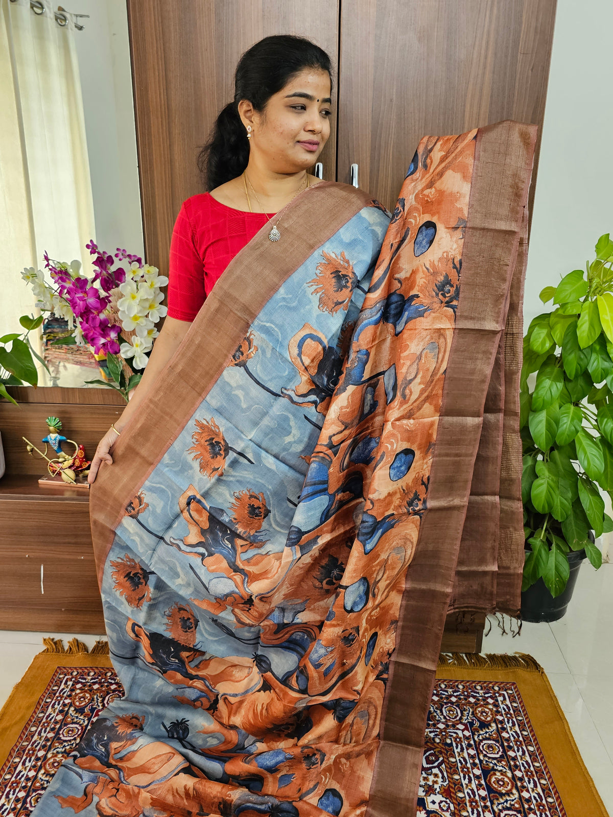 Grey with Brown Abstract Floral Pattern Handwoven Tussar Silk Saree with Zari Border