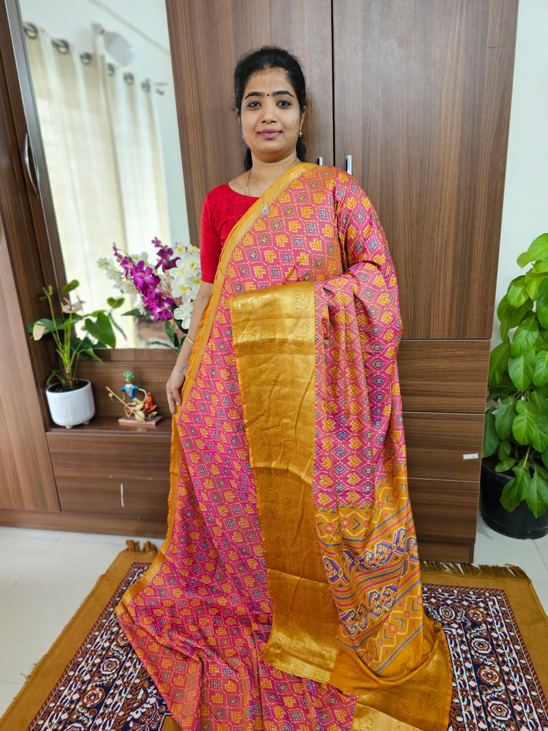 Soft Patola Saree with Kanjivaram Zari Woven Border -  Pink with Mustard Yellow