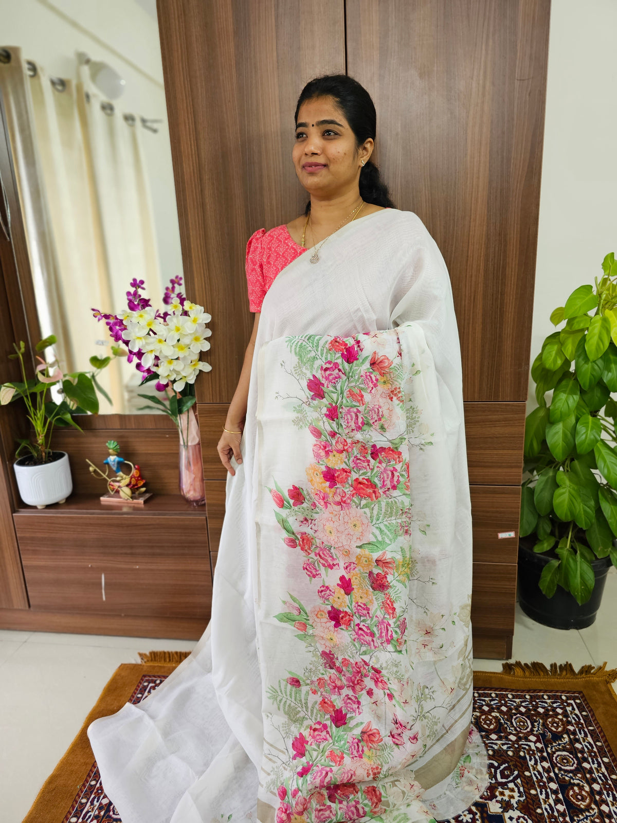 Linen with Floral Printed Saree