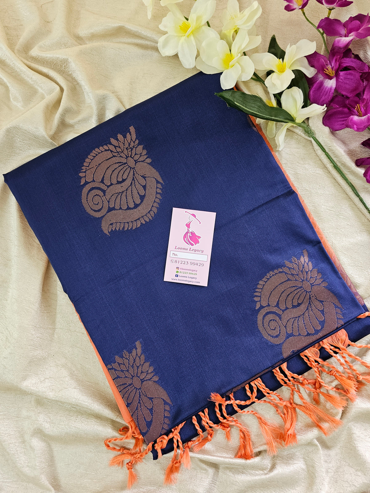 Navy Blue with Peach Borderless Copper Zari Woven Semi Soft Silk Saree