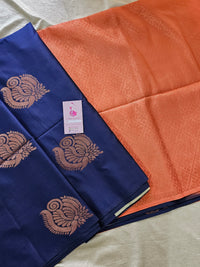 Navy Blue with Peach Borderless Copper Zari Woven Semi Soft Silk Saree