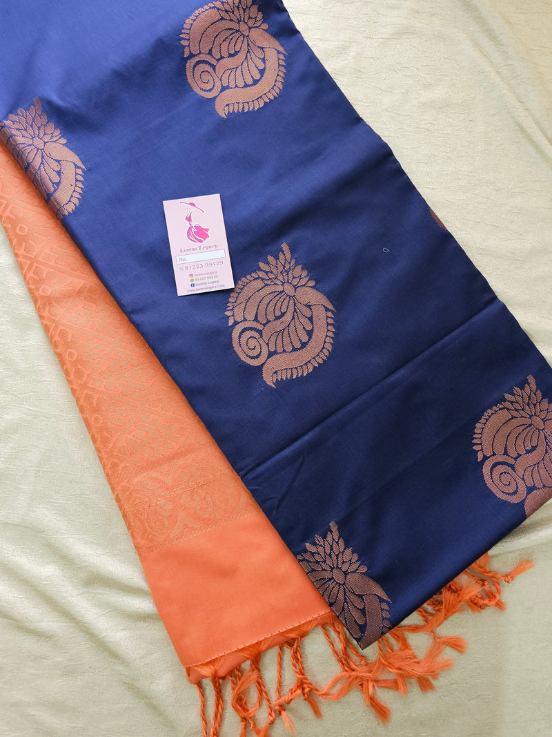 Navy Blue with Peach Borderless Copper Zari Woven Semi Soft Silk Saree