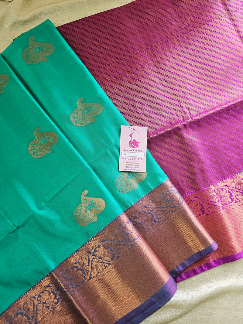 Sea Green with Purple Copper  Zari Woven Border  Semi Soft Silk Saree