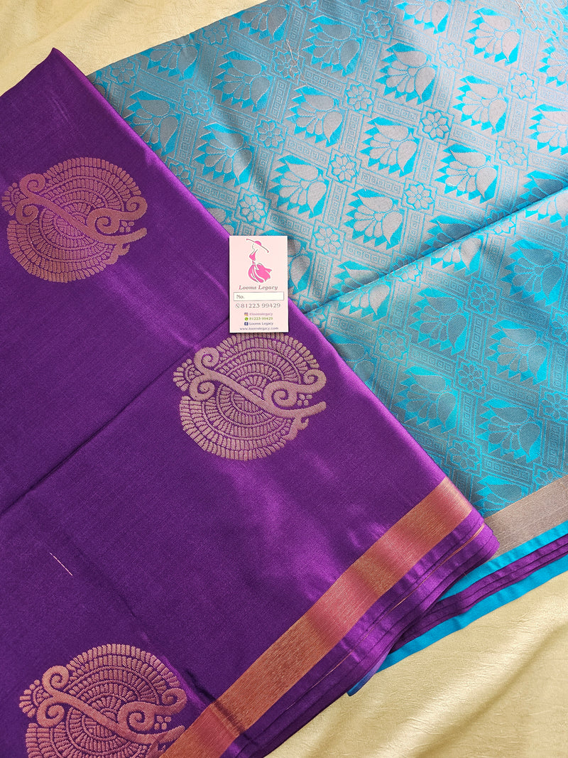 Purple with Blue Copper Zari Woven Border Semi Soft Silk Saree