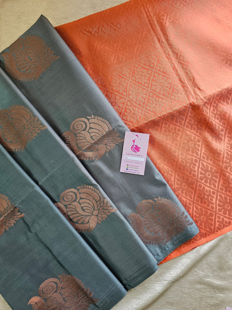 Grey with Peach Borderless Copper Zari Woven  Semi Soft Silk Saree