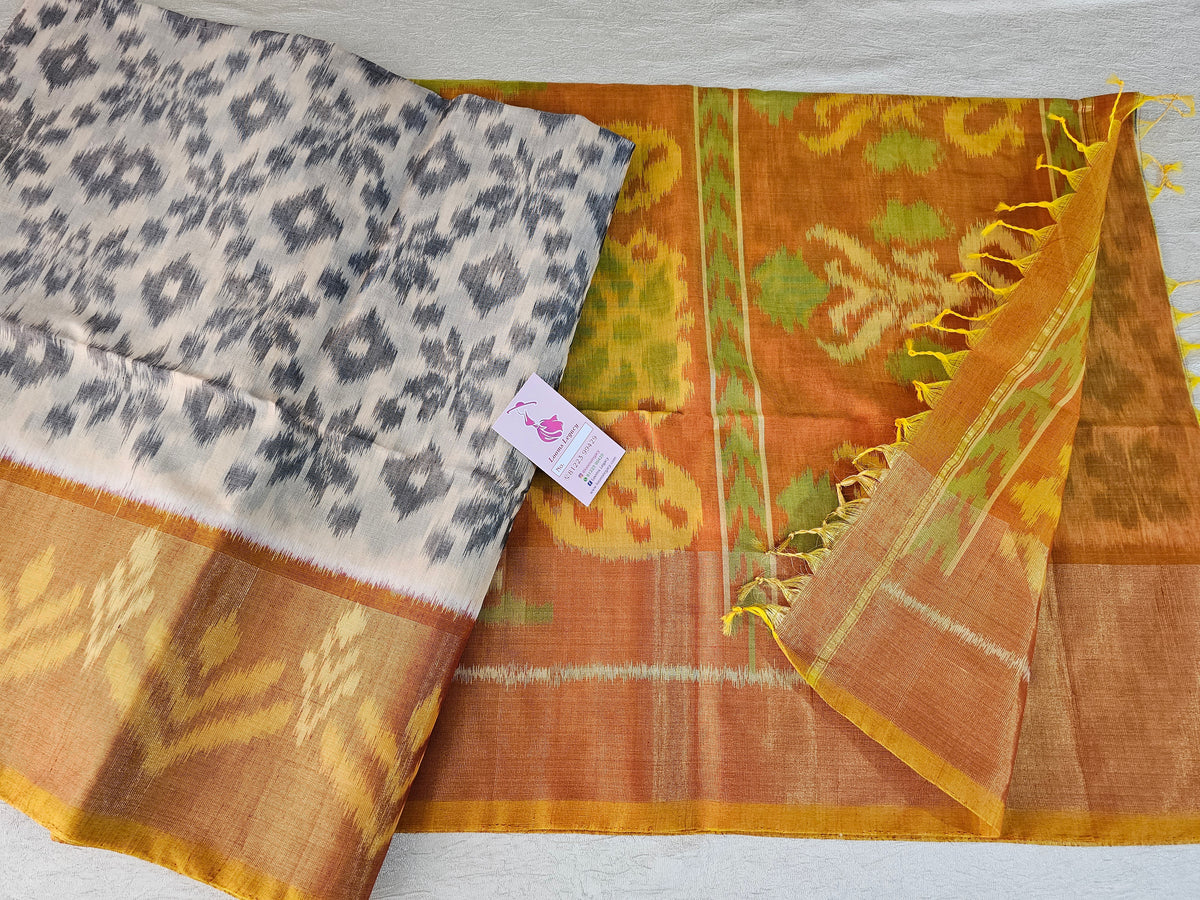 Cream cum Grey with Mustard Yellow Pochampally Ikkat Silk Cotton (SICO Pattu)