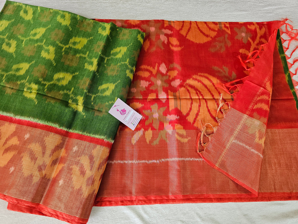 Green with Orange Pochampally Ikkat Silk Cotton (SICO Pattu)