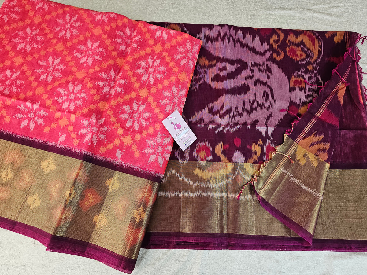 Dark Peach with Dark Purple  Pochampally Ikkat Silk Cotton (SICO Pattu)