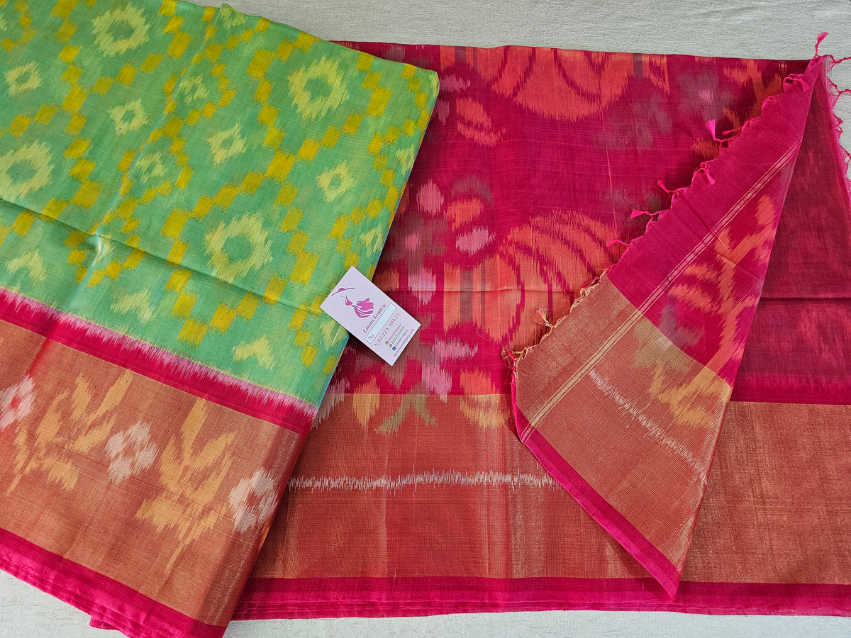 Sea Grern with Reddish Pink Pochampally Ikkat Silk Cotton (SICO Pattu)