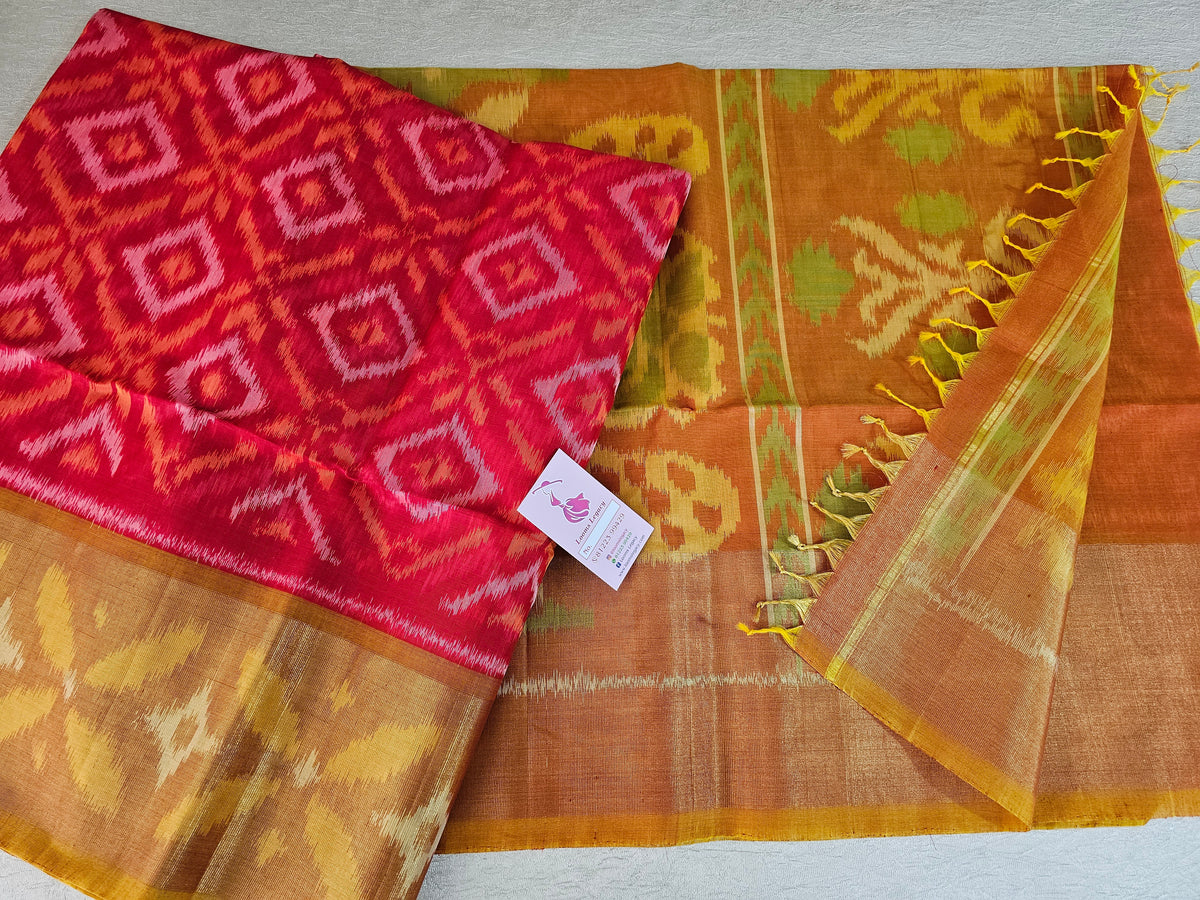 Red with Mustard Yellow Pochampally Ikkat Silk Cotton (SICO Pattu)