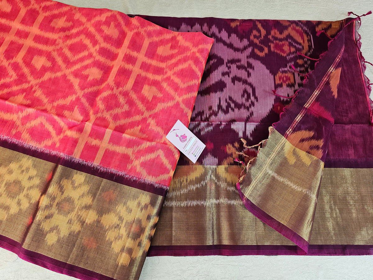 Dark Peach with Purple Pochampally Ikkat Silk Cotton (SICO Pattu)