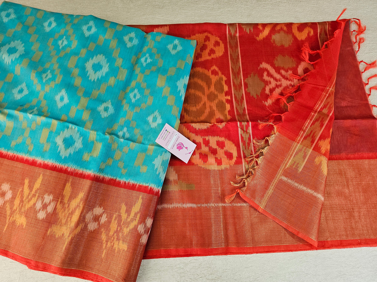 Blue with Orange  Pochampally Ikkat Silk Cotton (SICO Pattu)