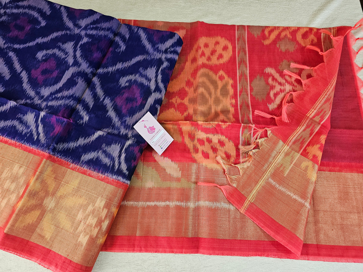 Blue with Dark Peach Pochampally Ikkat Silk Cotton (SICO Pattu)