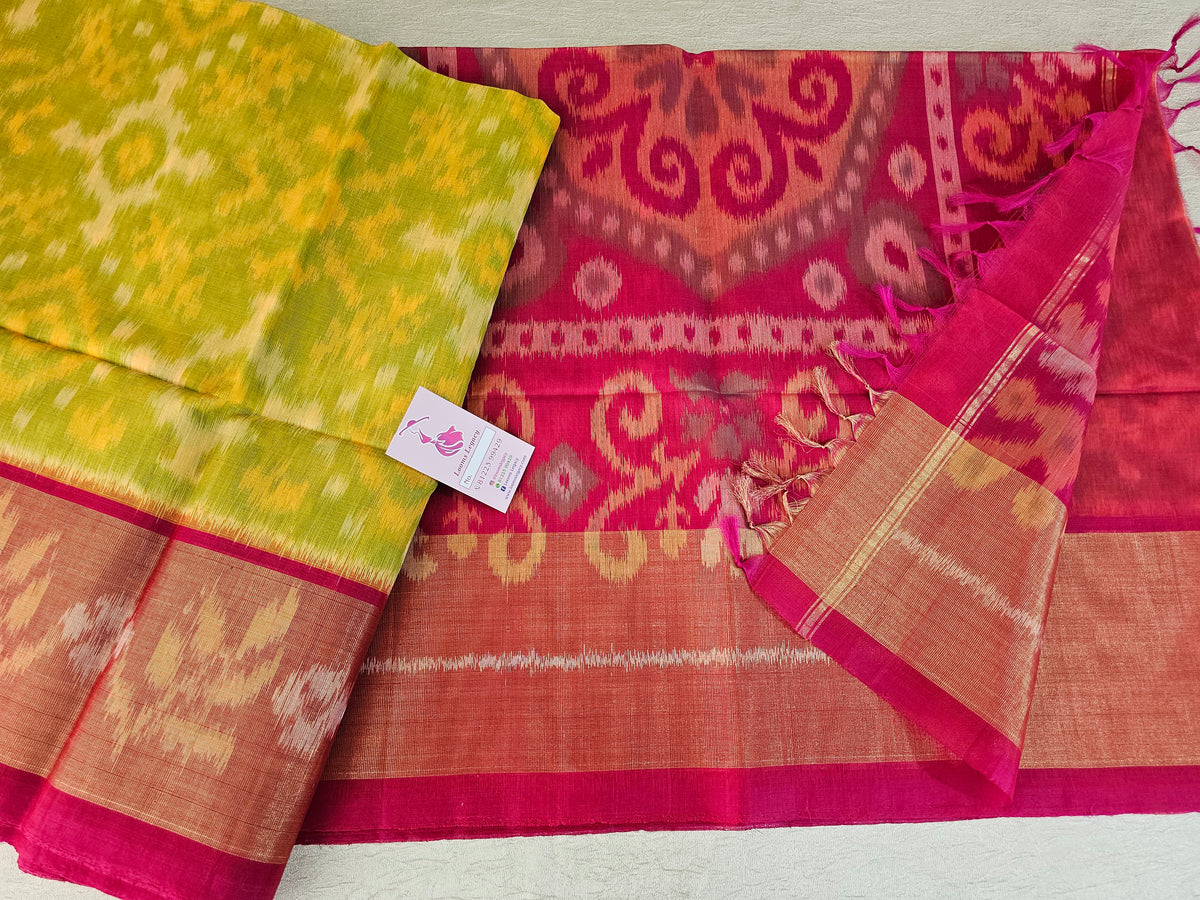 Green with Pink Pochampally Ikkat Silk Cotton (SICO Pattu)