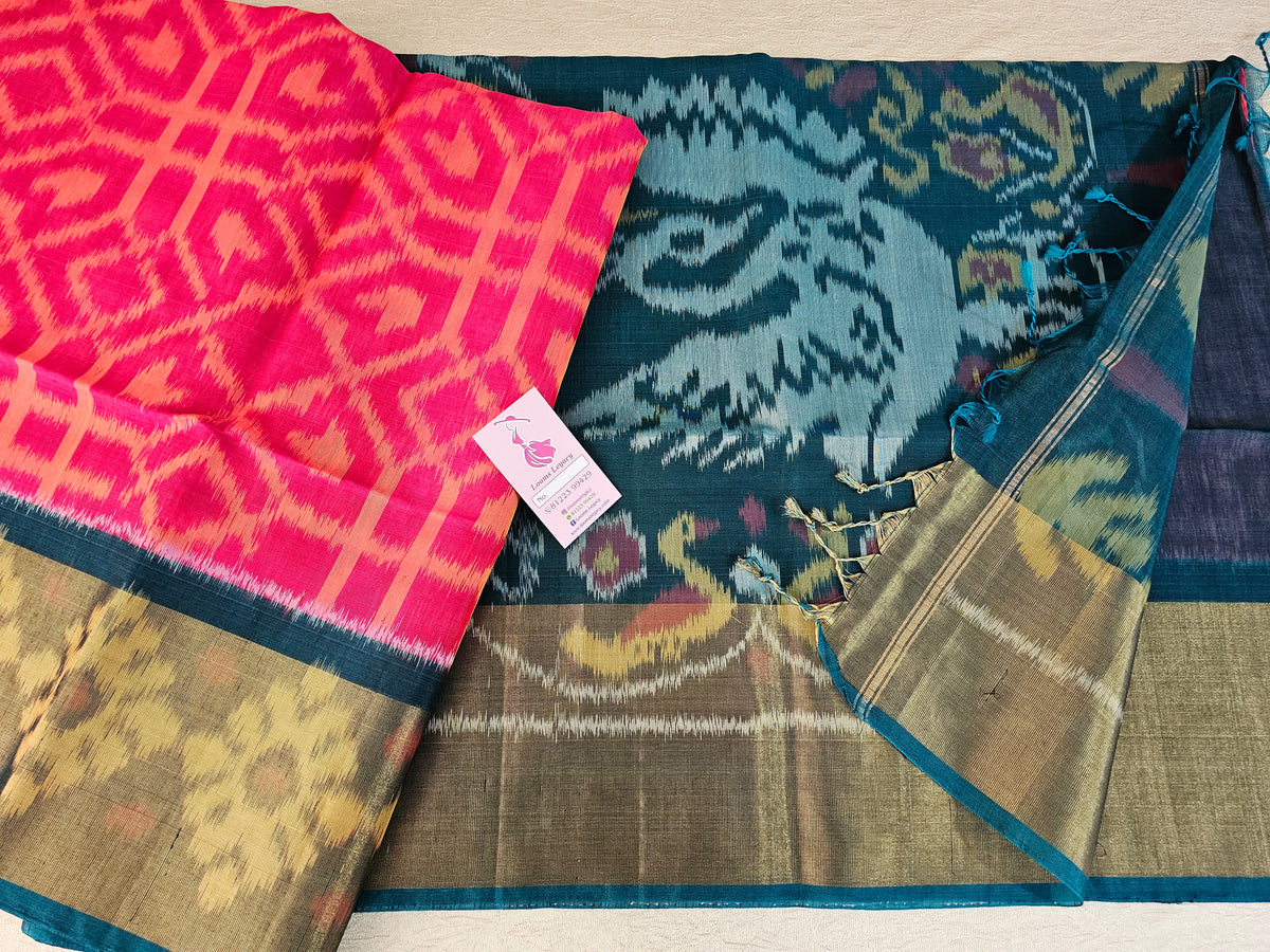 Dark Peachish Pink with Peacock Green Pochampally Ikkat Silk Cotton (SICO Pattu)