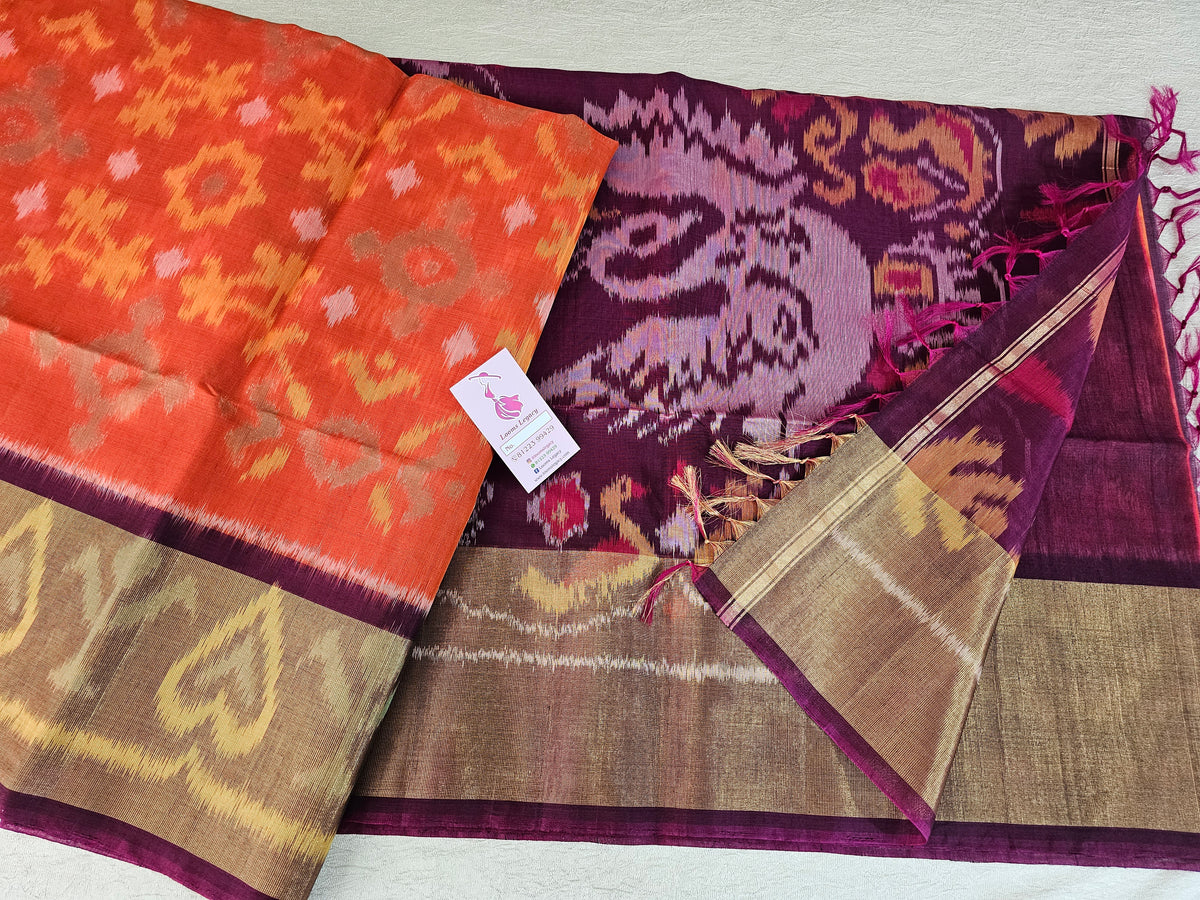 Dark Orange with Dark Purple Pochampally Ikkat Silk Cotton (SICO Pattu)