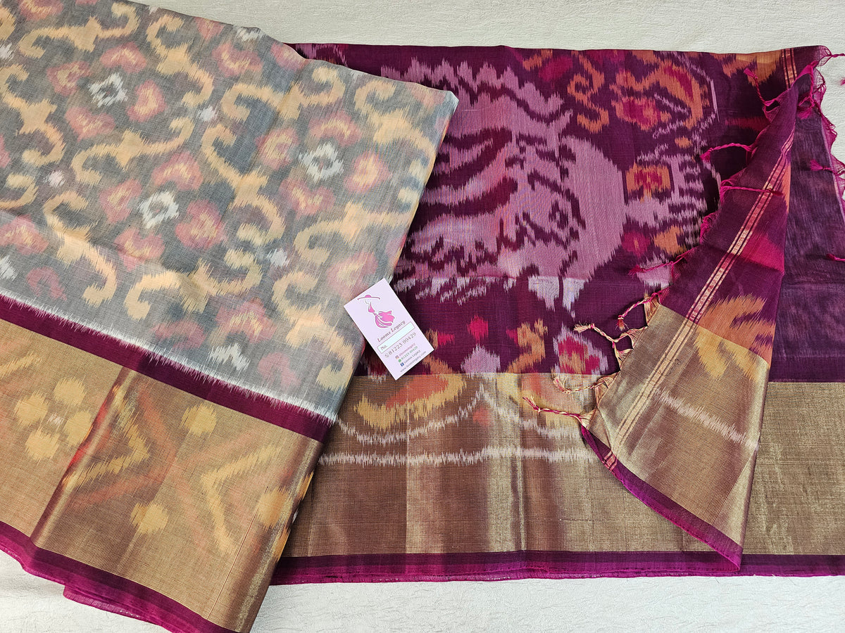 Grey with Dark Purple  Pochampally Ikkat Silk Cotton (SICO Pattu)