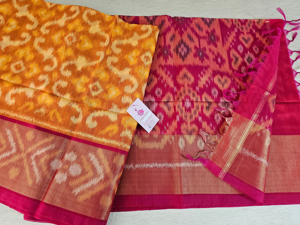 Orange with Pink Pochampally Ikkat Silk Cotton (SICO Pattu)