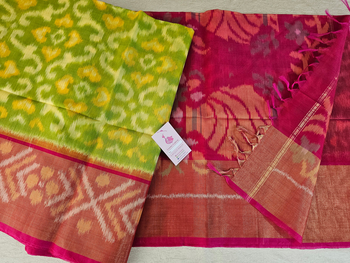 Green with Pink Pochampally Ikkat Silk Cotton (SICO Pattu)