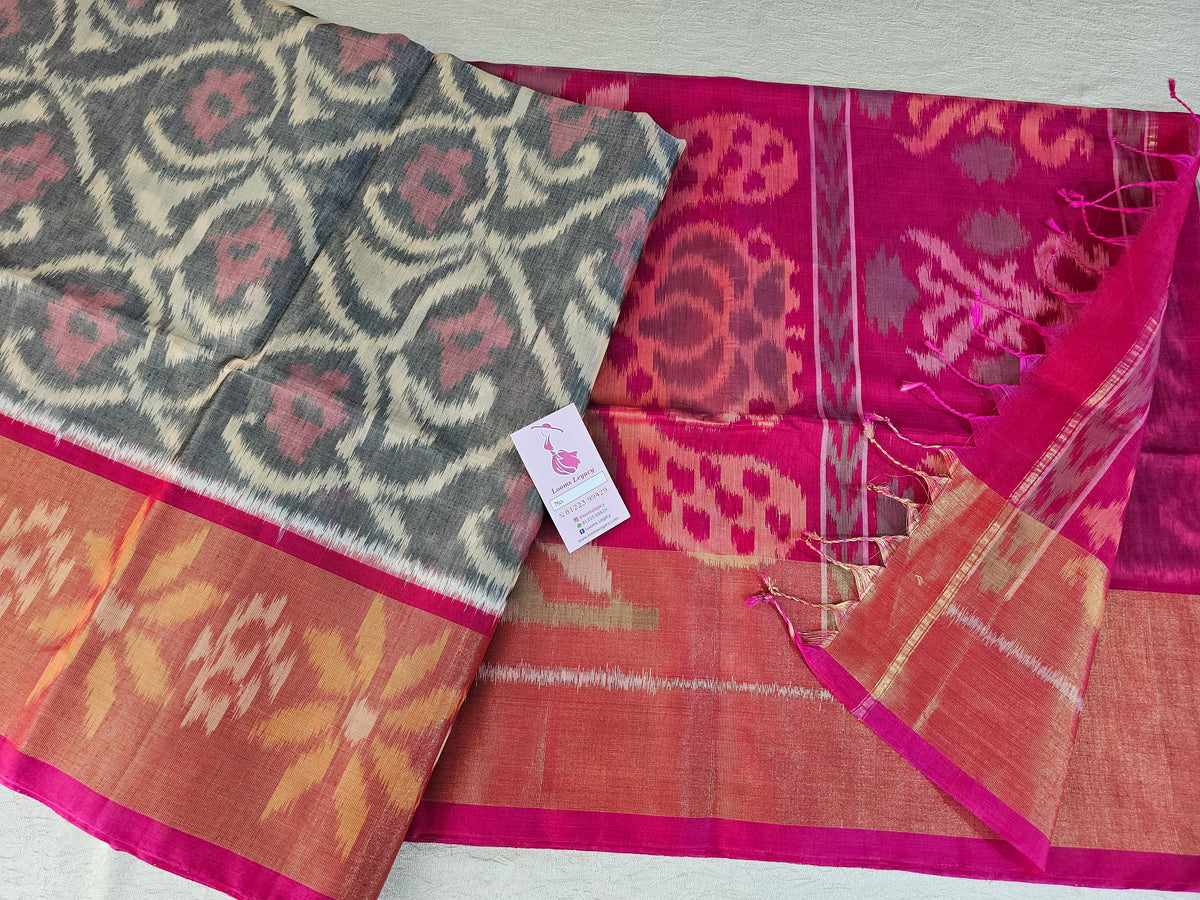 Grey with Pink Pochampally Ikkat Silk Cotton (SICO Pattu)