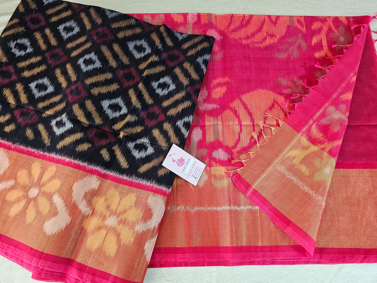 Blue with Dark Pink Pochampally Ikkat Silk Cotton (SICO Pattu)