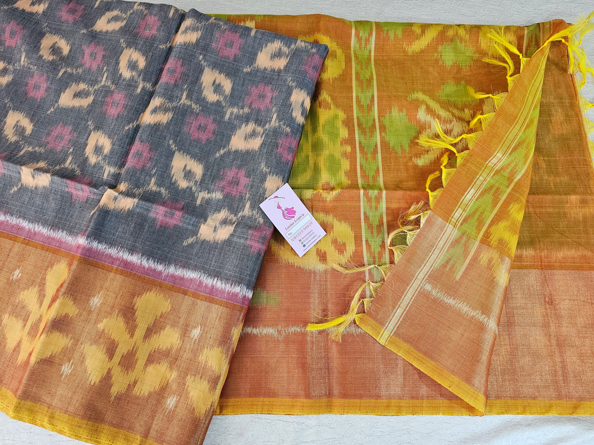 Grey with Mustard Yellow Pochampally Ikkat Silk Cotton (SICO Pattu)