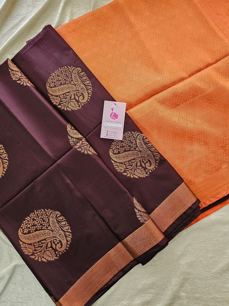 Brown with Peach Copper Zari Woven Border Semi Soft Silk Saree