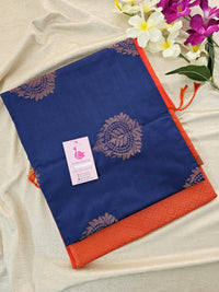 Navy Blue with Orange Copper Zari Woven Border Semi Soft Silk Saree