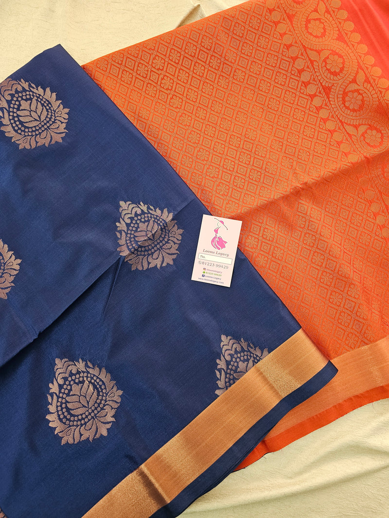 Navy Blue with Orange Copper Zari Woven Border Semi Soft Silk Saree