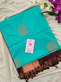 Sea Blue with Brown Copper Zari Woven Border Semi Soft Silk Saree