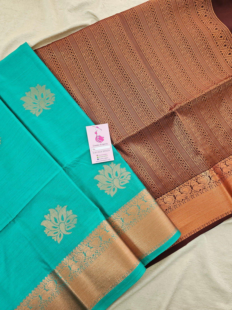 Sea Blue with Brown Copper Zari Woven Border Semi Soft Silk Saree