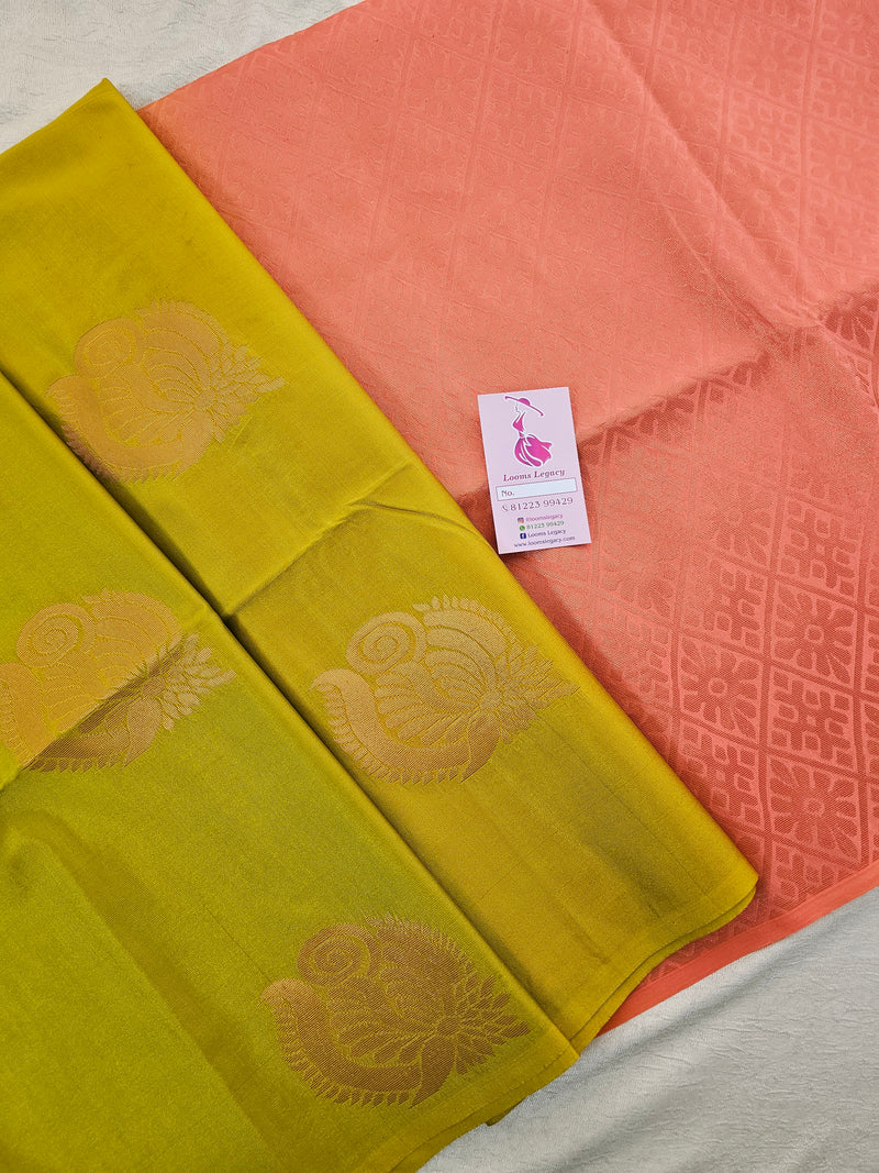 Lime Green with Peach Copper Zari Woven Borderless Semi Soft Silk Saree