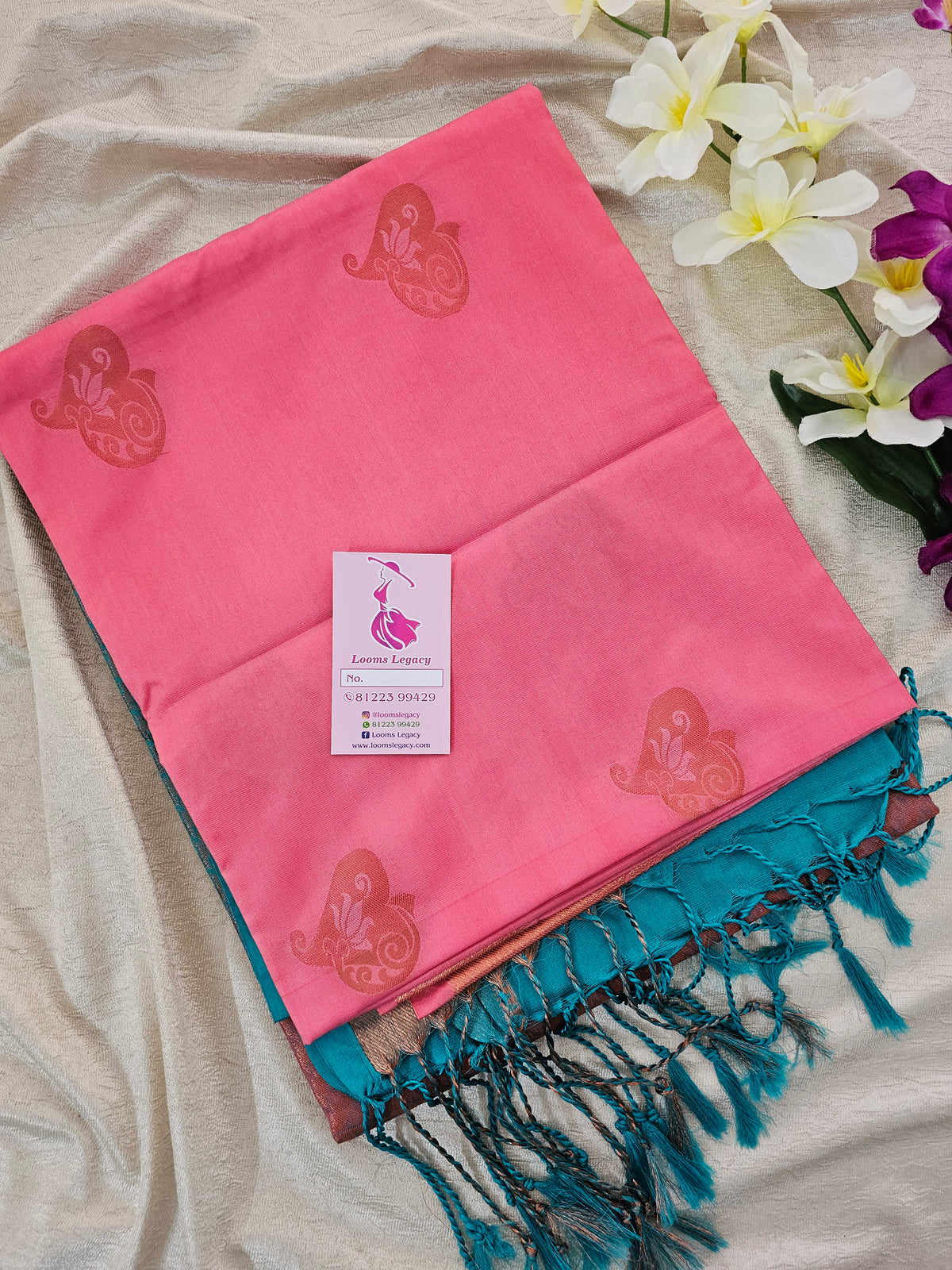 Pink with Sea Green Copper Zari Woven Border Semi Soft Silk Saree