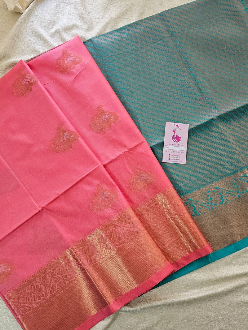 Pink with Sea Green Copper Zari Woven Border Semi Soft Silk Saree