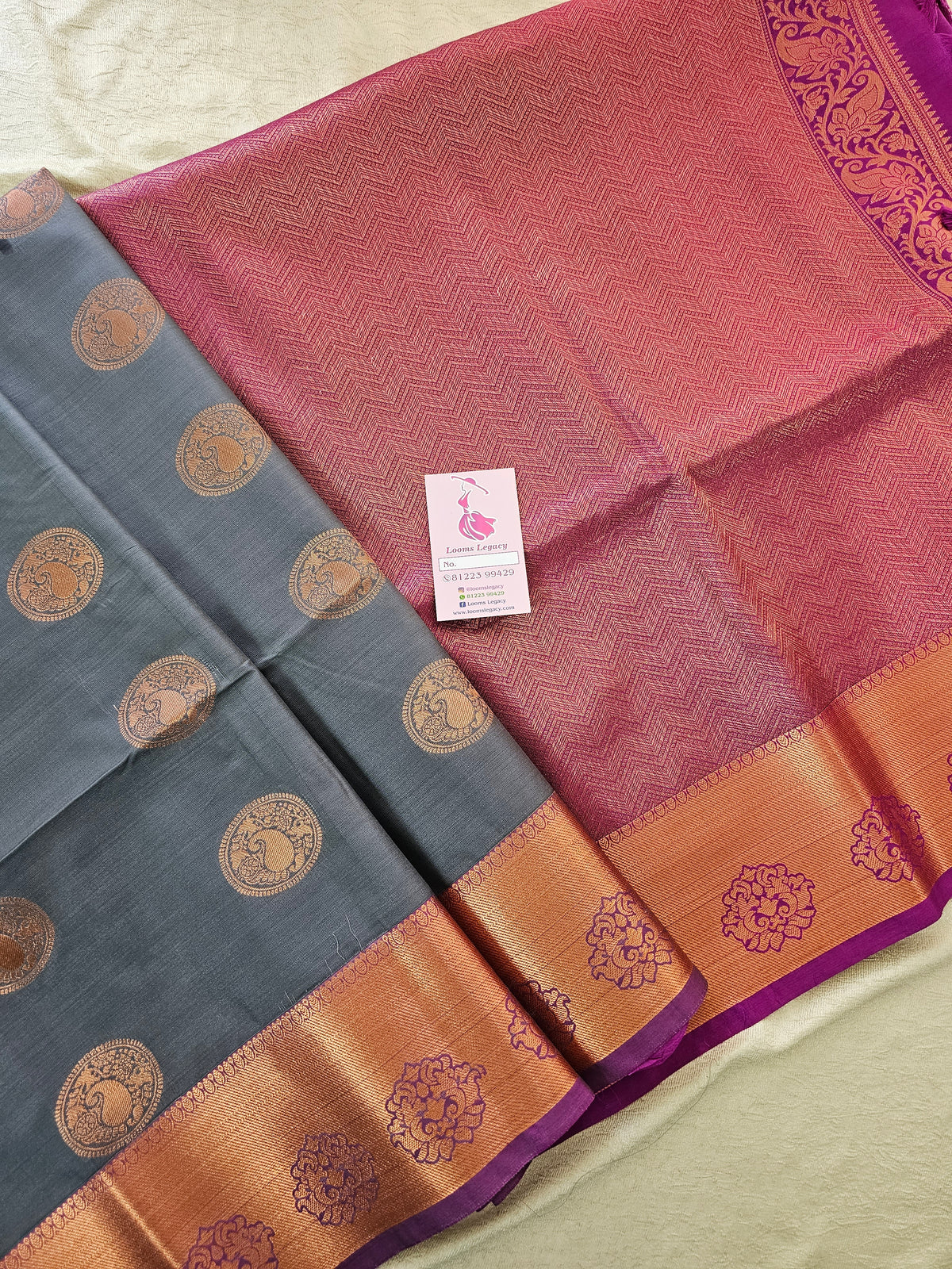 Grey with Purple Copper Zari Woven Border Semi Soft Silk Saree